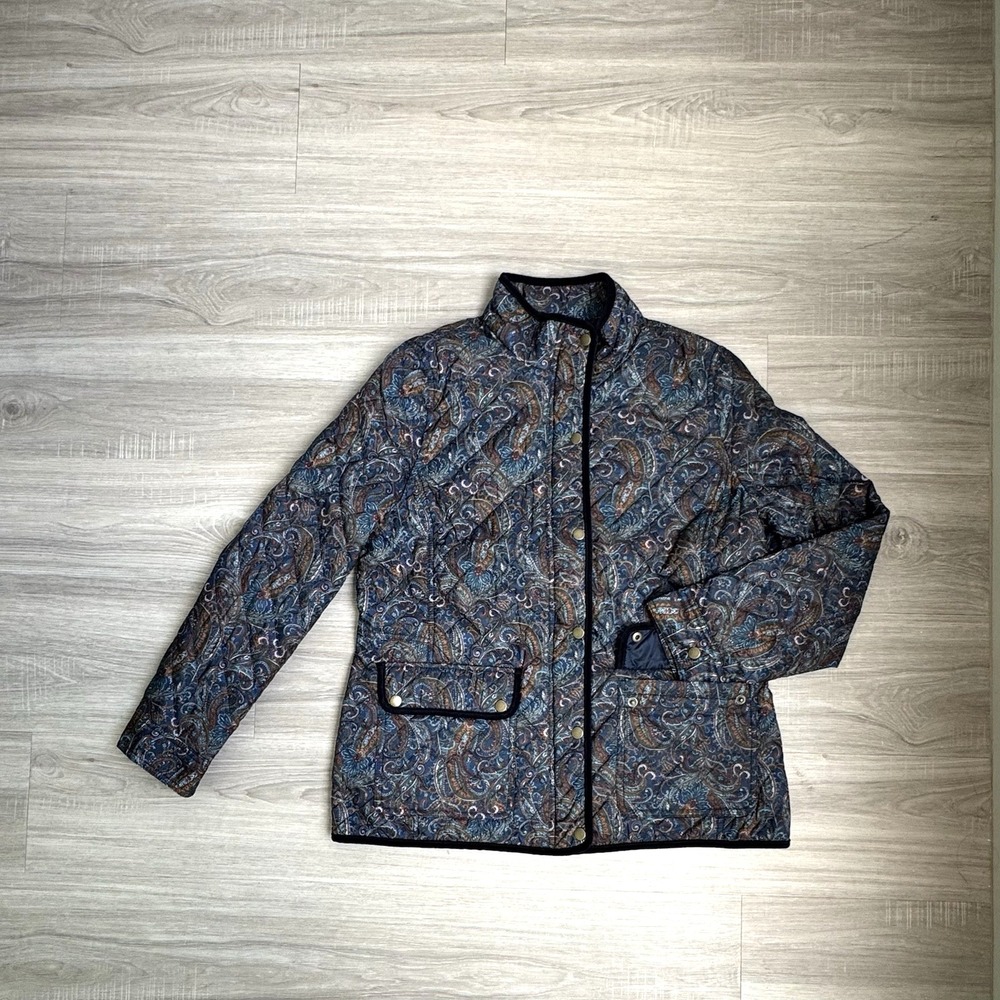Paisley Quilted Zip Up Blue Brown Jacket Pockets Corduroy Trim L Boho Preppy